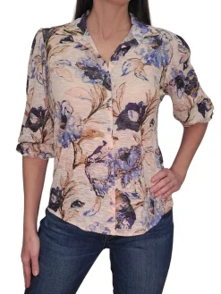Collared Denim Blouse with 3/4 Smocked Sleeves