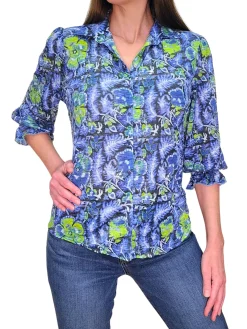 Collared Iris Blouse with 3/4 Smocked Sleeves