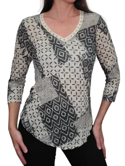 Crushed 3/4 Sleeve Cement V-Neck with Rhinestones