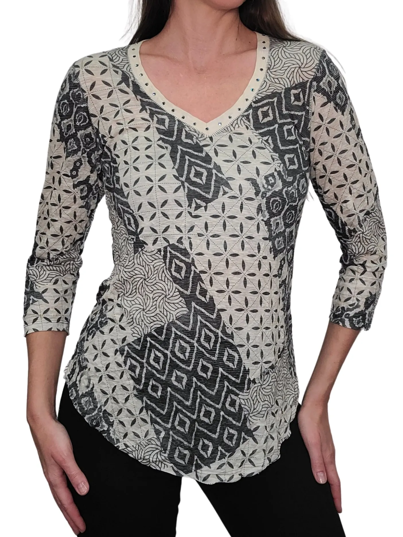 Crushed 3/4 Sleeve Cement V-Neck with Rhinestones