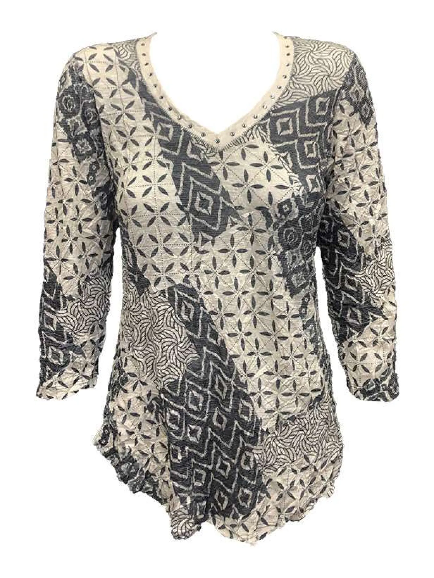 Crushed 3/4 Sleeve Cement V-Neck with Rhinestones
