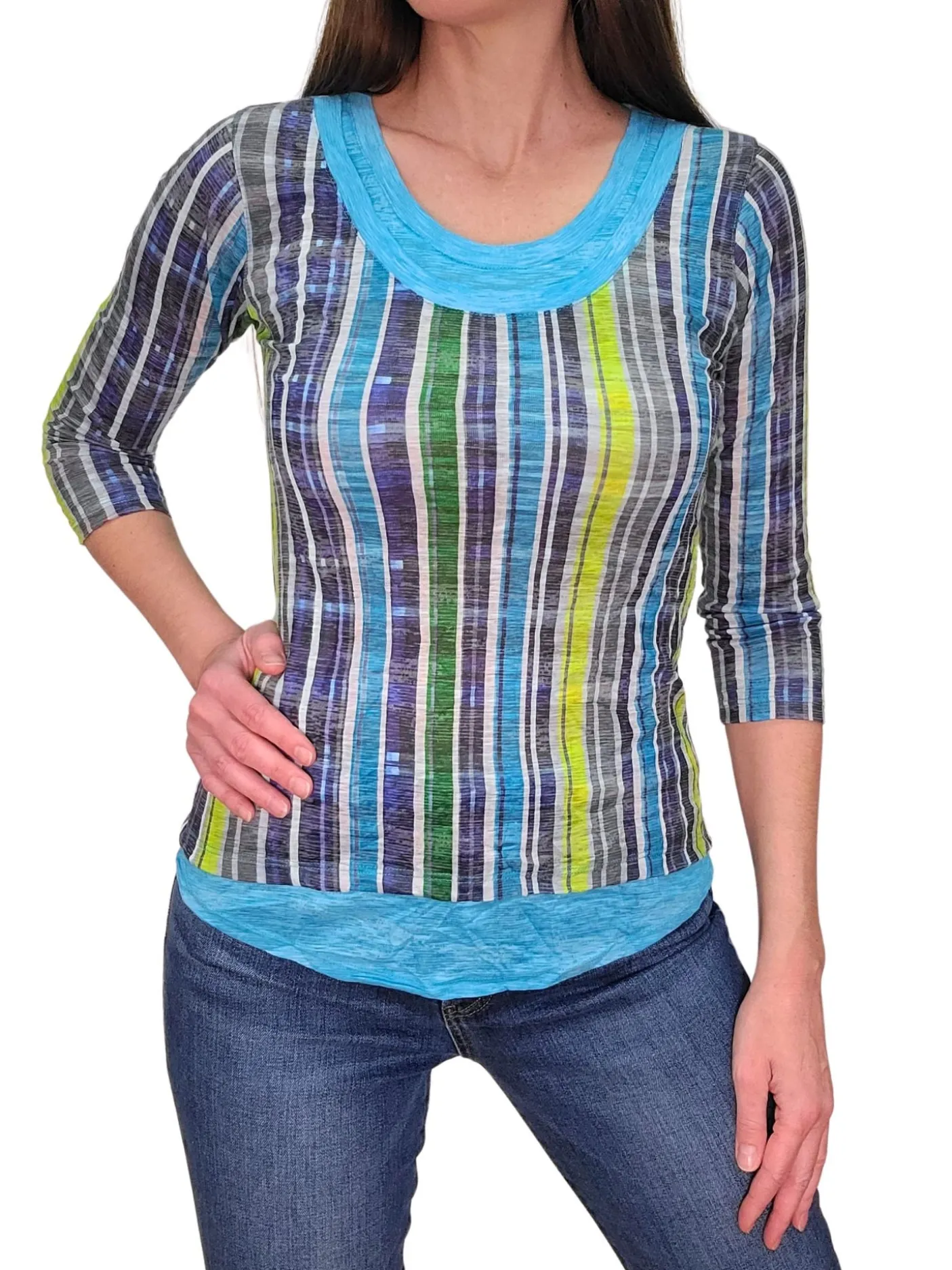 Crushed 3/4 Sleeve Cobalt Crew Neck