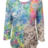 Crushed 3/4 Sleeve Garden Crew Neck with Rhinestones