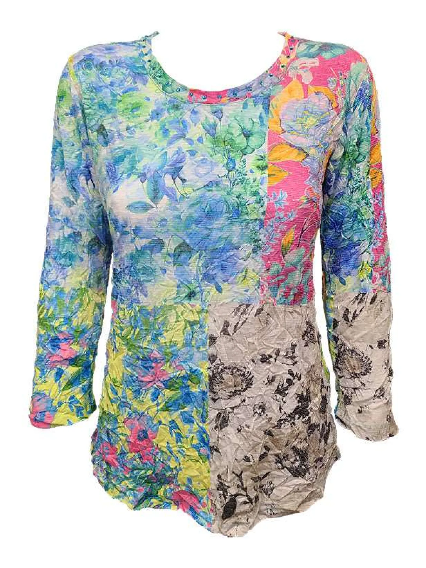 Crushed 3/4 Sleeve Garden Crew Neck with Rhinestones