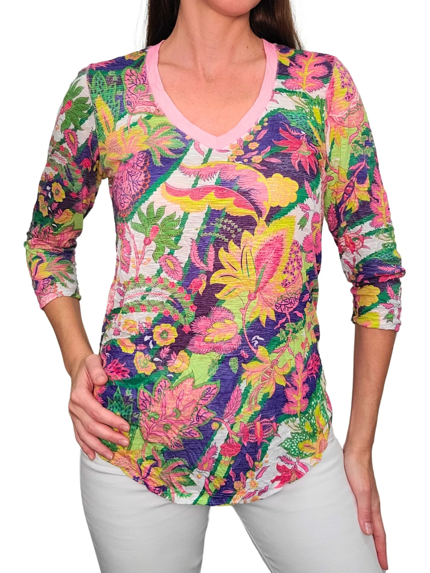 Crushed 3/4 Sleeve Garden V-Neck