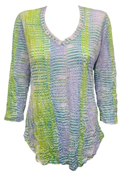 Crushed 3/4 Sleeve Lime V-Neck with Rhinestones