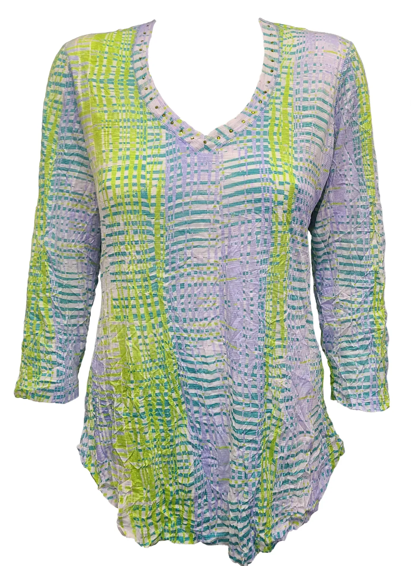 Crushed 3/4 Sleeve Lime V-Neck with Rhinestones