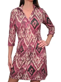 Crushed 3/4 Sleeve Magenta Polo Dress