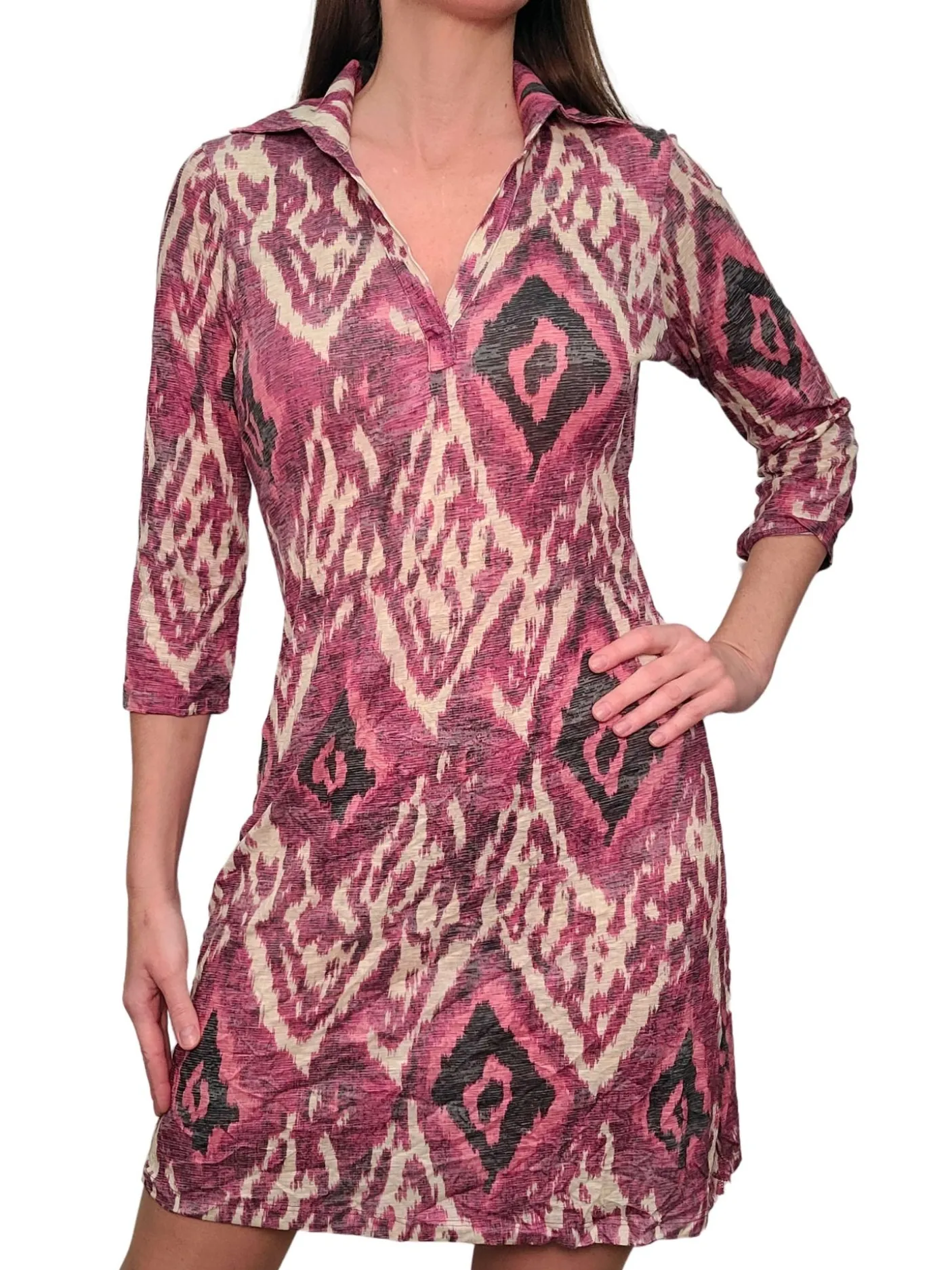 Crushed 3/4 Sleeve Magenta Polo Dress