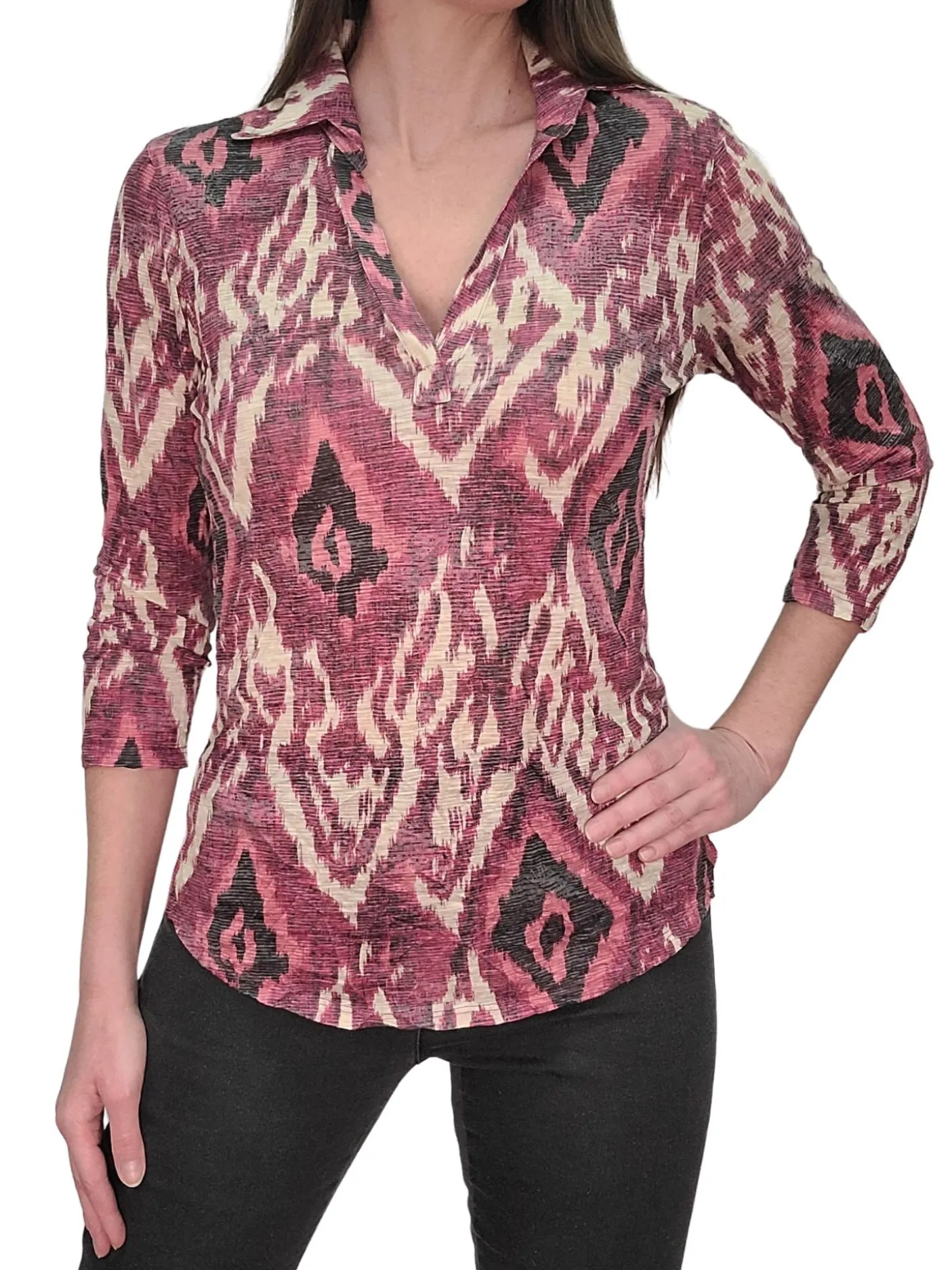 Crushed 3/4 Sleeve Magenta Polo
