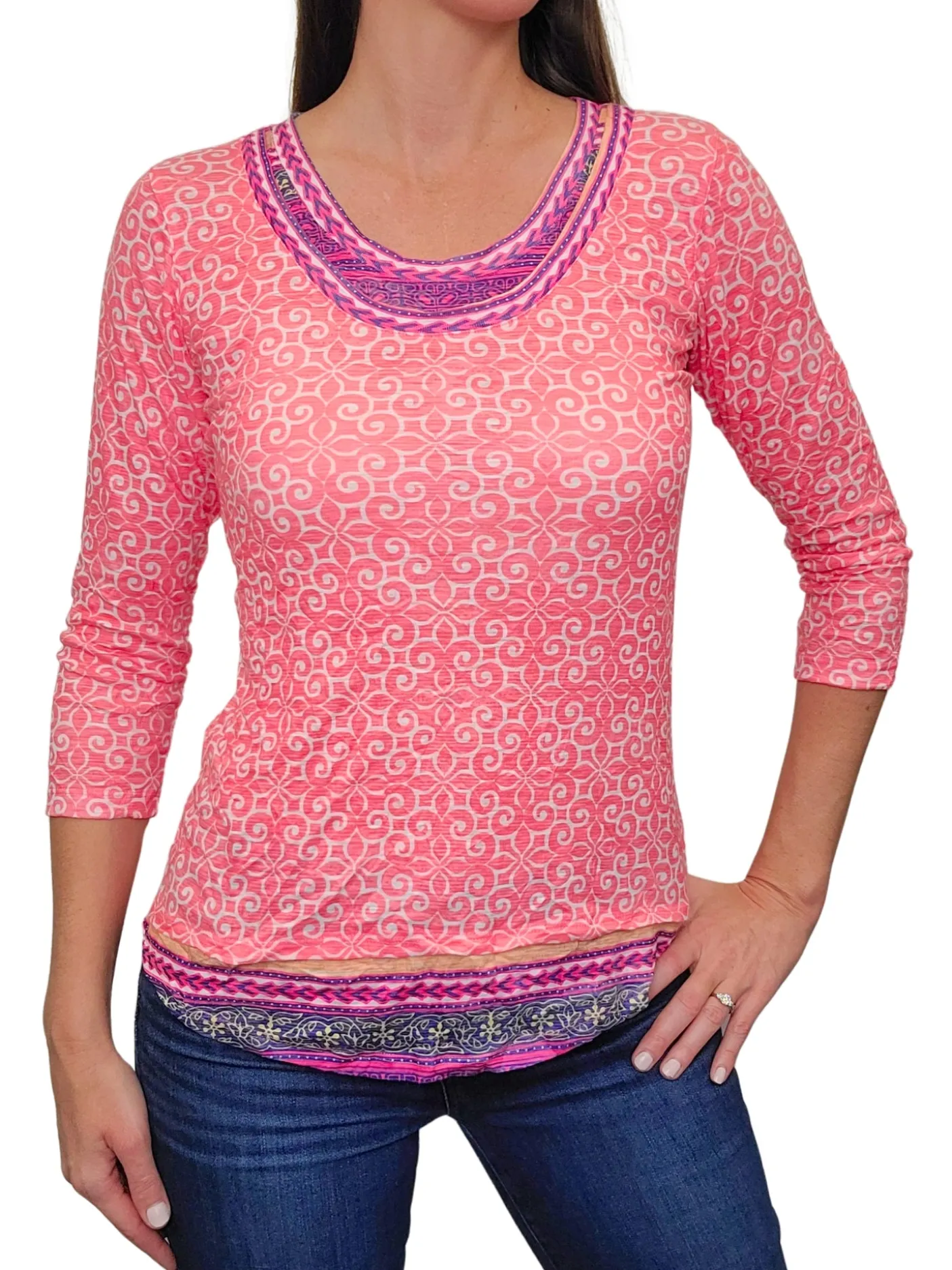 Crushed 3/4 Sleeve Melon Crew Neck