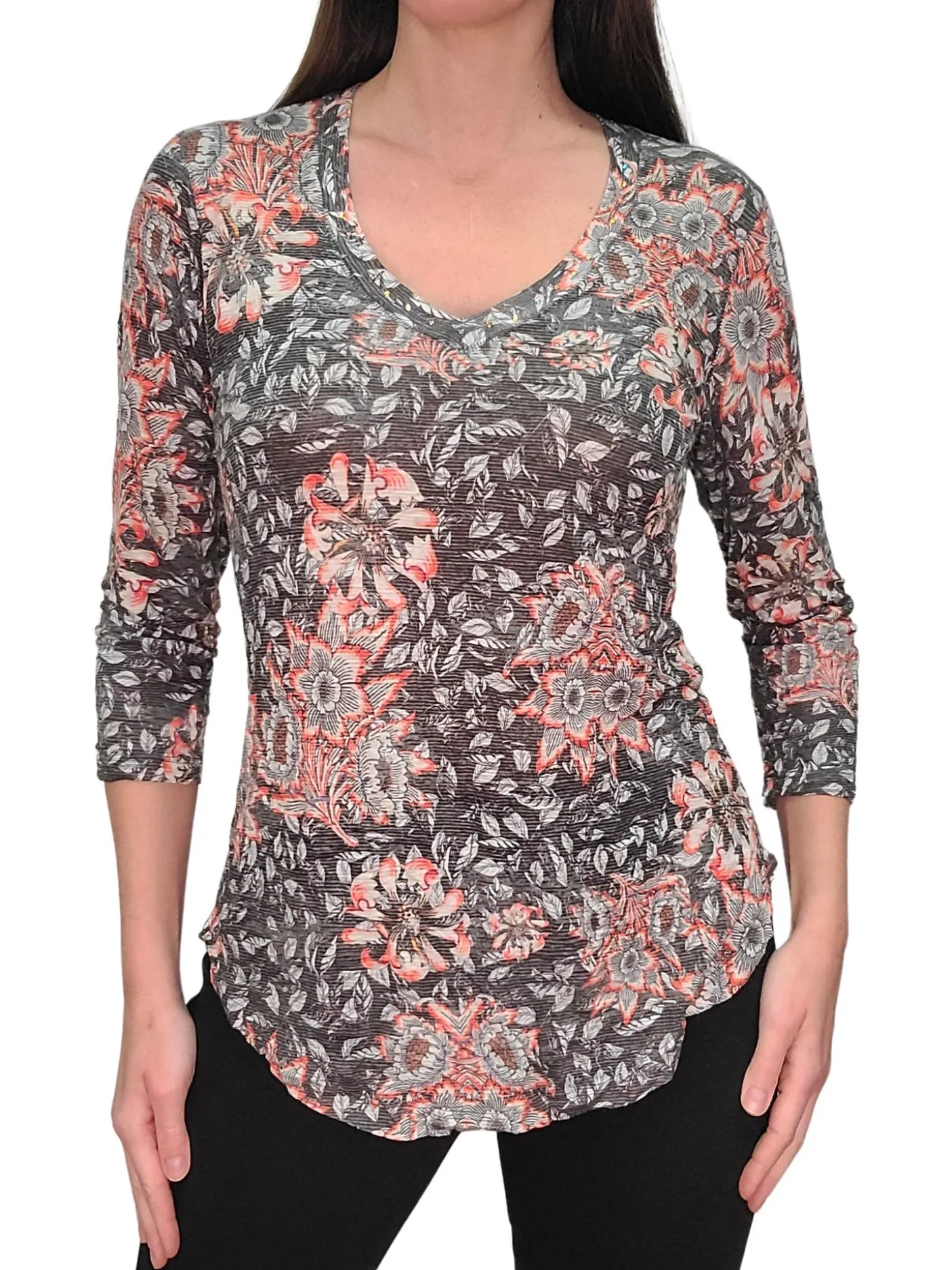 Crushed 3/4 Sleeve Onyx V-Neck with Rhinestones