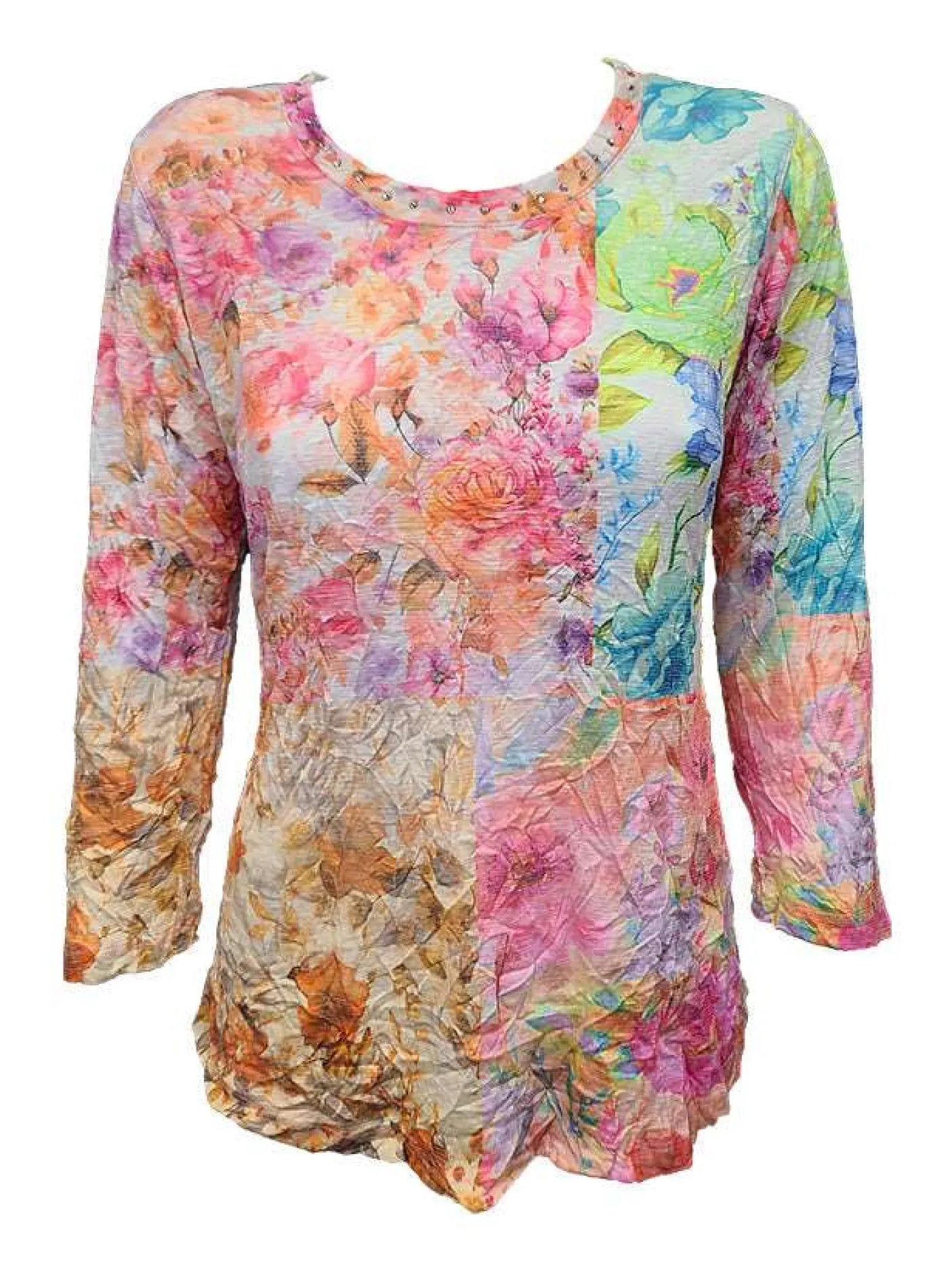Crushed 3/4 Sleeve Party Crew Neck with Rhinestones