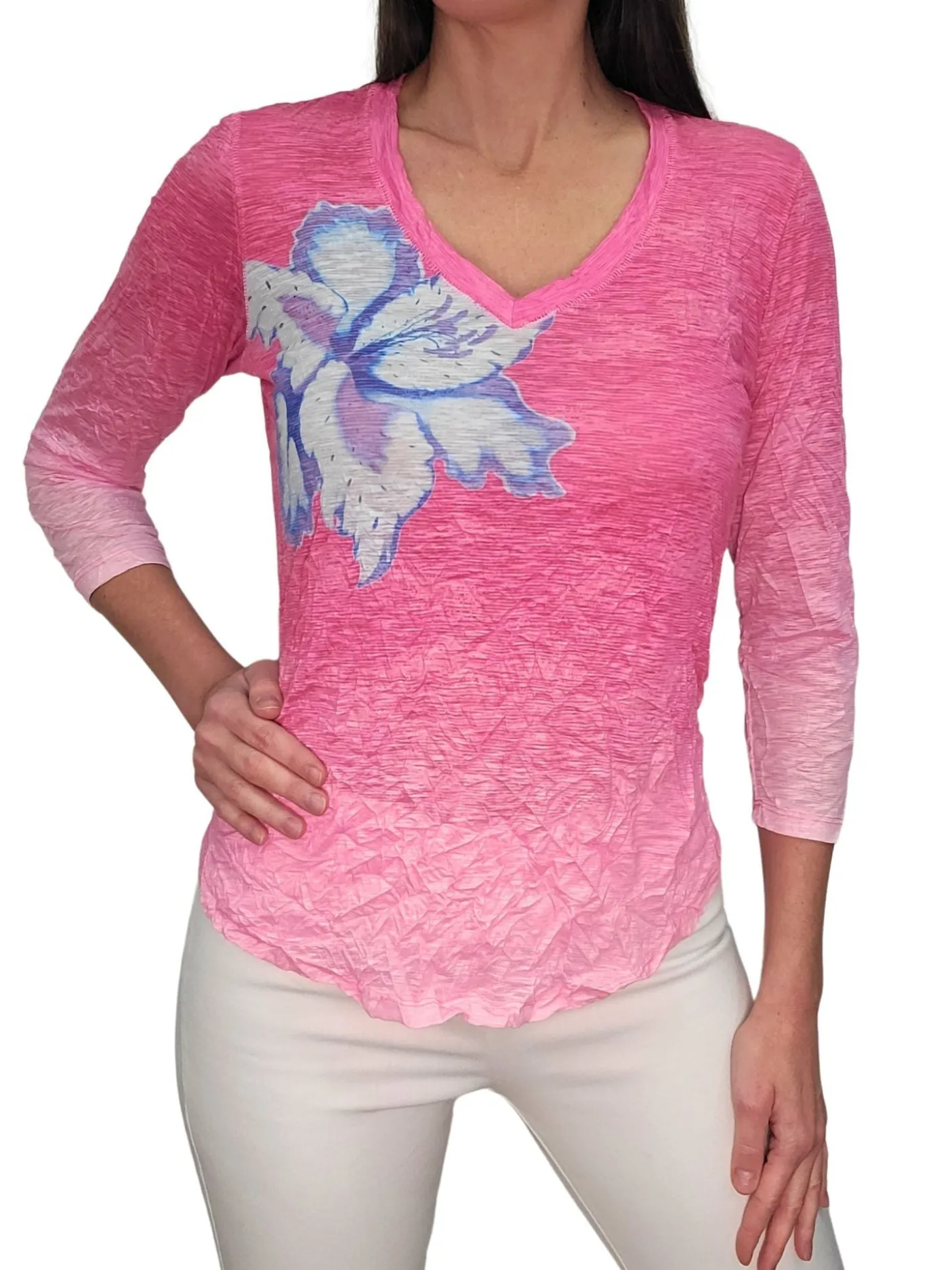 Crushed 3/4 Sleeve Peony V-Neck