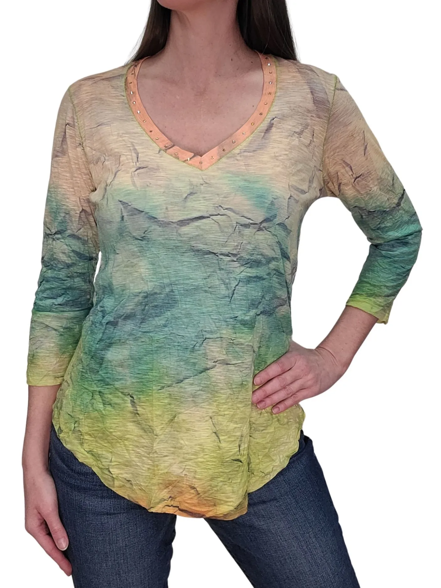 Crushed 3/4 Sleeve Sedona V-Neck with Rhinestones