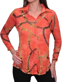 Crushed Long Sleeve Tomato Shirt with Rhinestones
