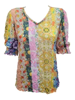 Crushed Smocked Sleeve Art V-Neck