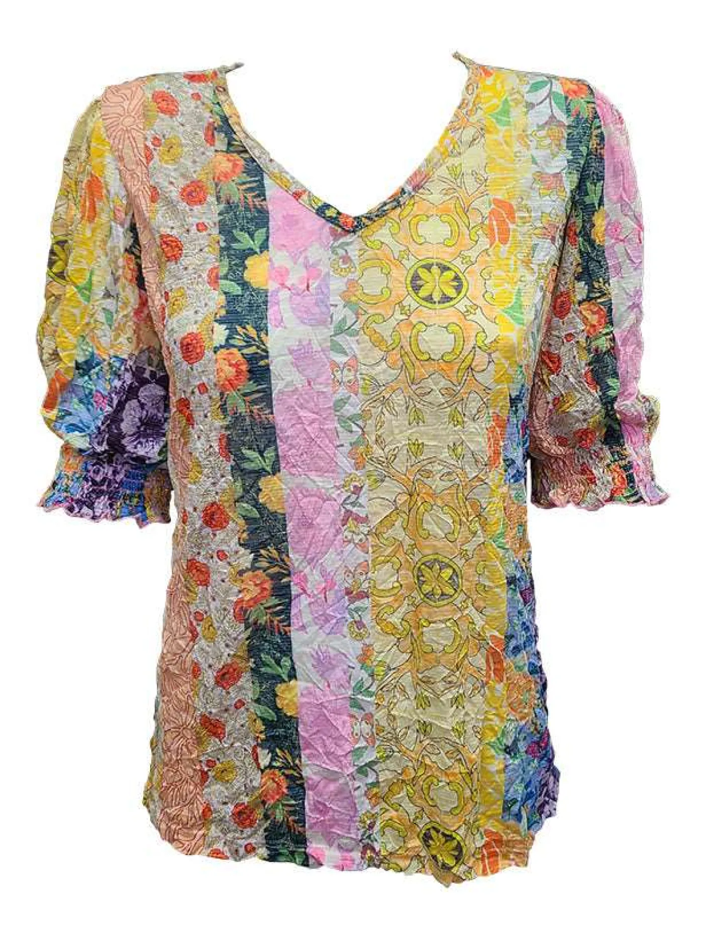 Crushed Smocked Sleeve Art V-Neck