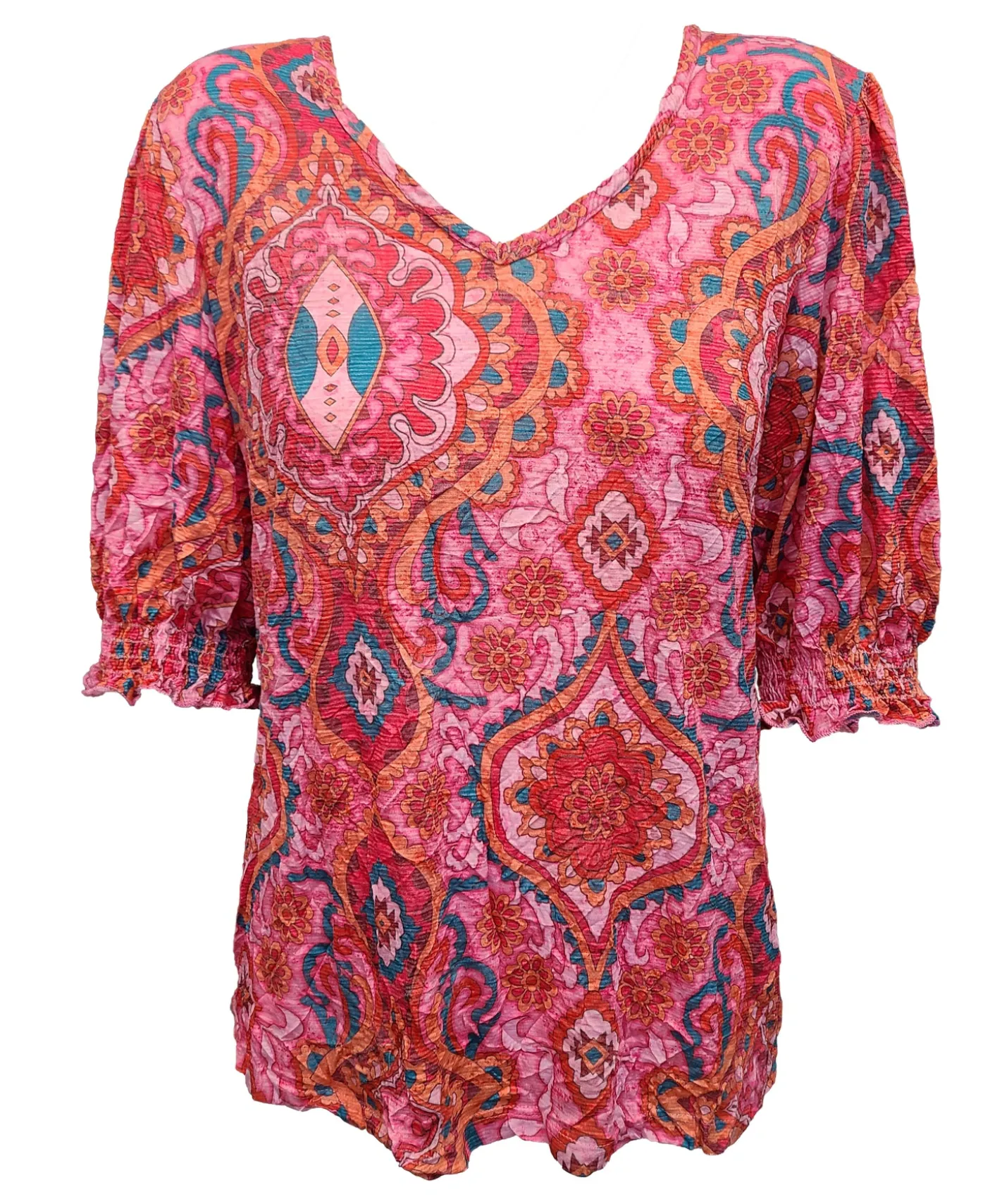 Crushed Smocked Sleeve Aztec V-Neck