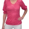 Crushed Smocked Sleeve Magenta V-Neck