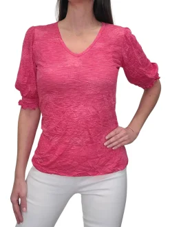 Crushed Smocked Sleeve Magenta V-Neck