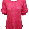Crushed Smocked Sleeve Magenta Crew Neck