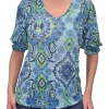 Crushed Smocked Sleeve Tribal V-Neck