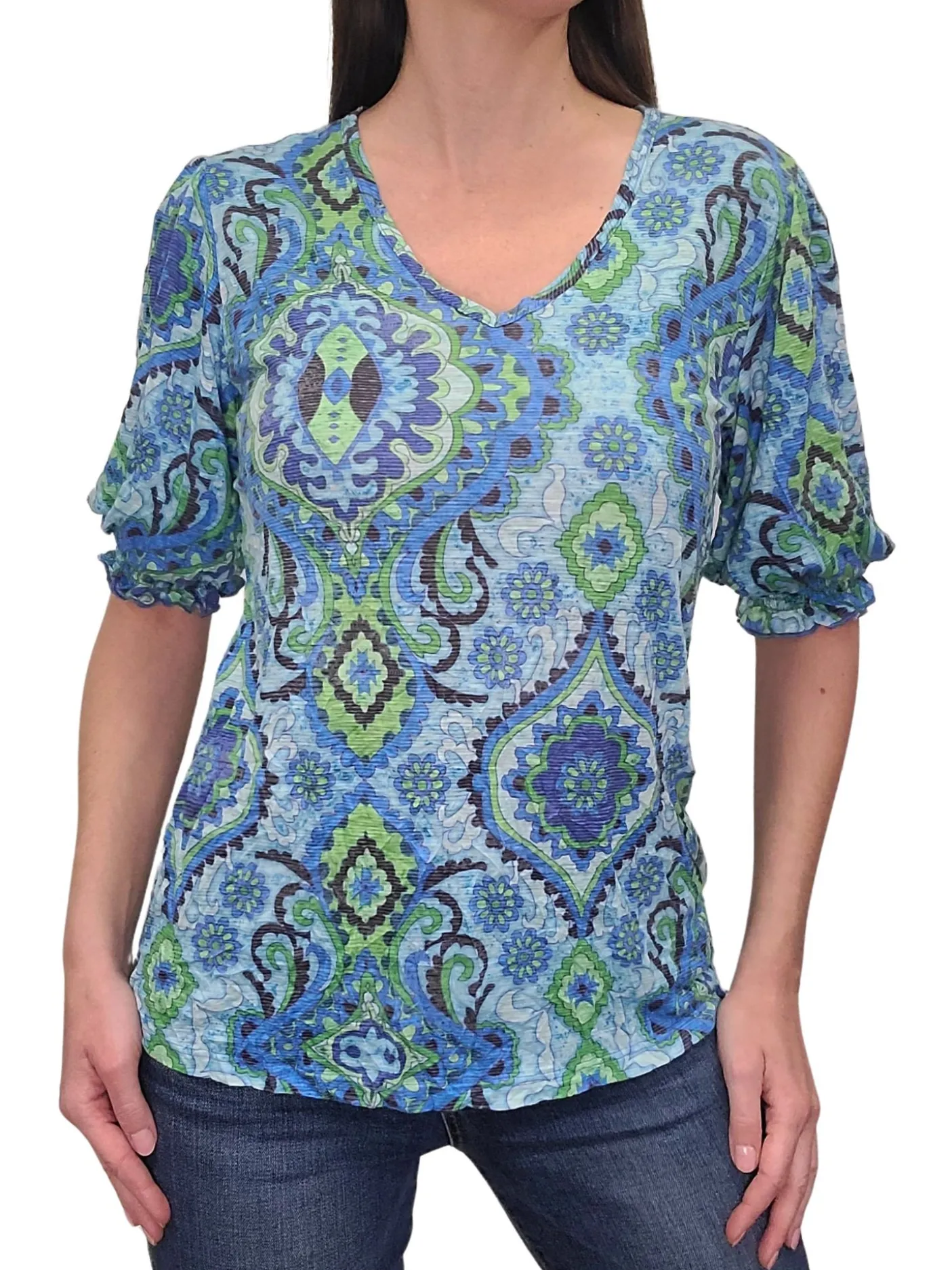 Crushed Smocked Sleeve Tribal V-Neck