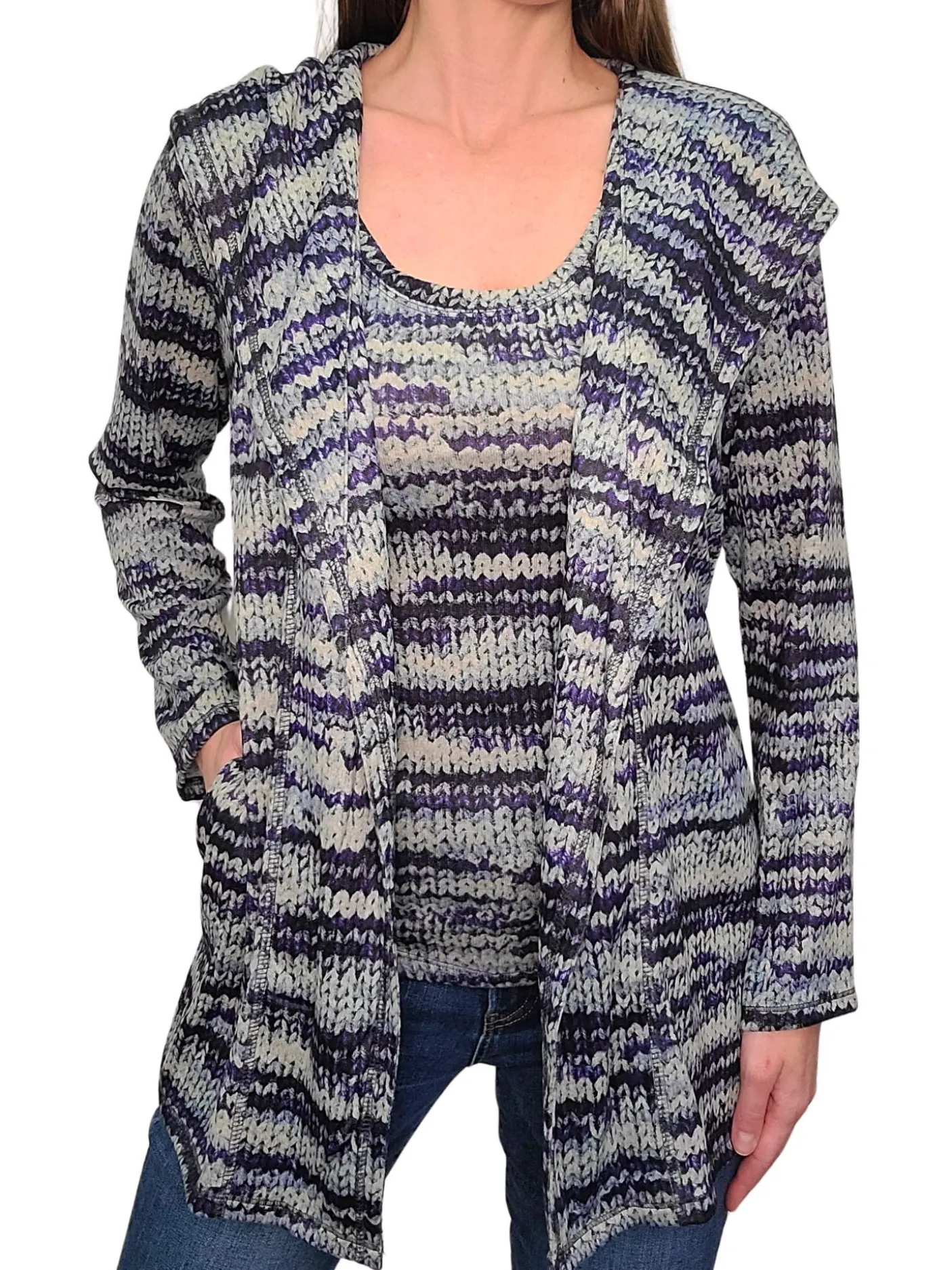 Denim Hooded Wrapped Hacci Cardigan Set