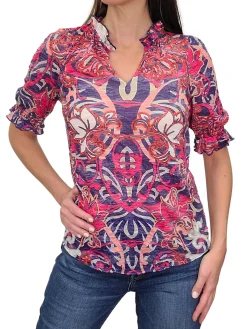 Rouge Ruffled Collar Blouse with Smocked Sleeves