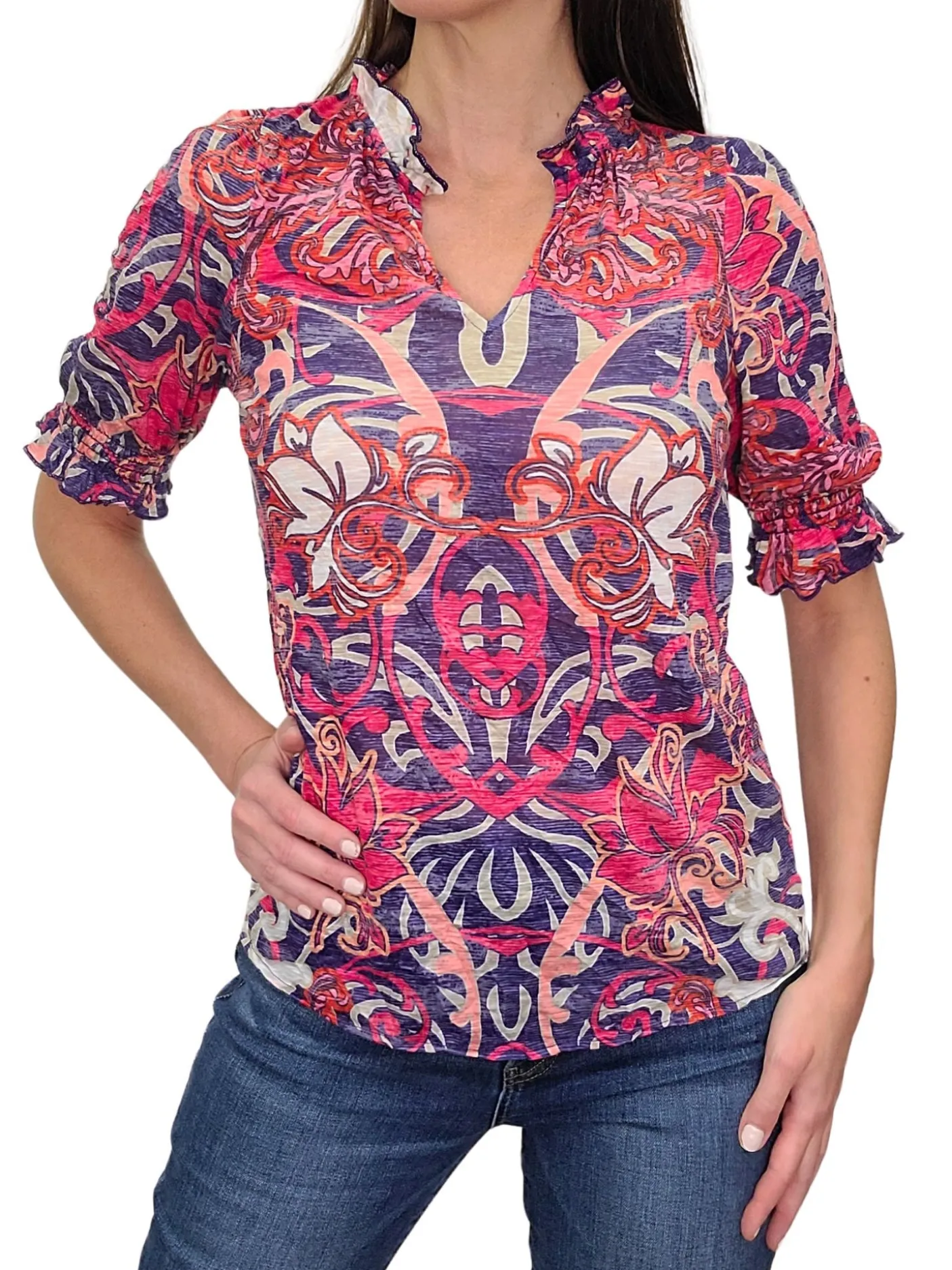 Rouge Ruffled Collar Blouse with Smocked Sleeves