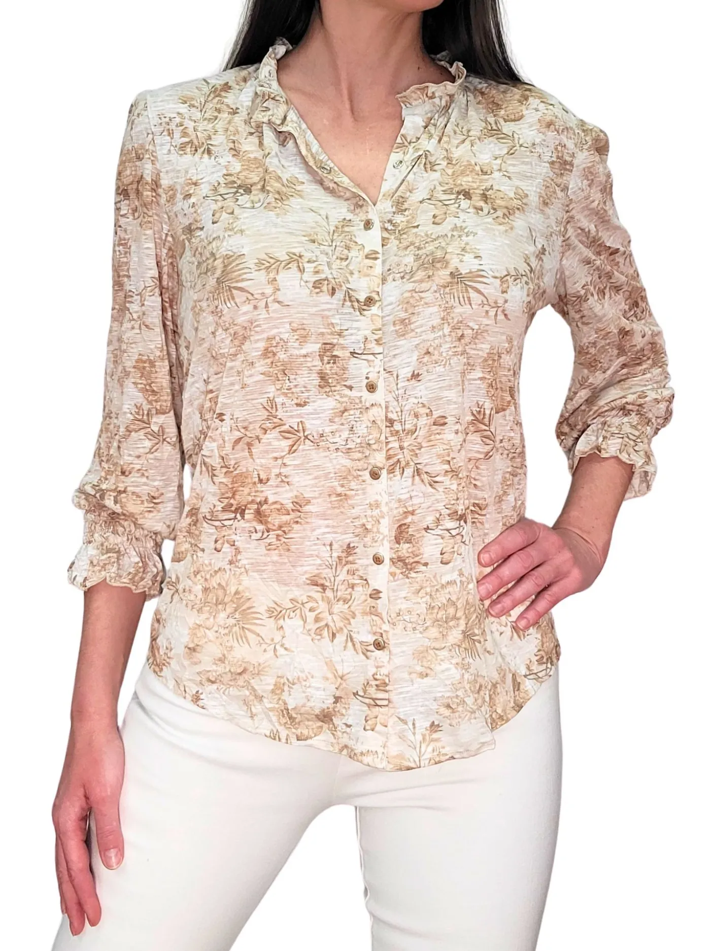 Ruffled 'Latte' Blouse with 3/4 Smocked Sleeves