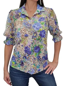 Wet Collared Blouse with Smocked Sleeves
